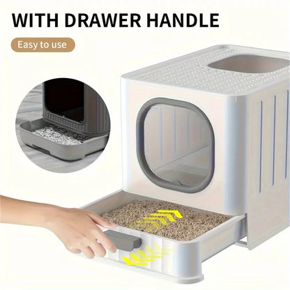 Leak-Proof Enclosed Cat Litter Box with Pull Drawer and Scoop