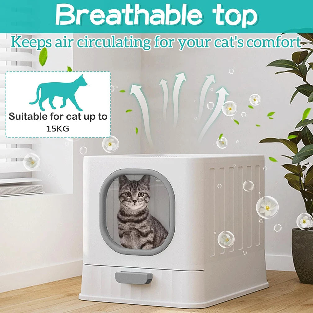 Auslaufsichere, geschlossene Katzentoilette mit herausziehbarer Schublade und Schaufel