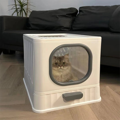 Leak-Proof Enclosed Cat Litter Box with Pull Drawer and Scoop