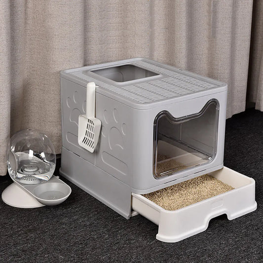 XXL Large Space Foldable Cat Litter Box with Front Entry & Top Exit with Tray - 4petslovers