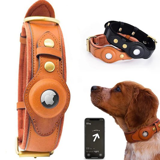 Genuine Leather Airtag Dog Collar - 4petslovers