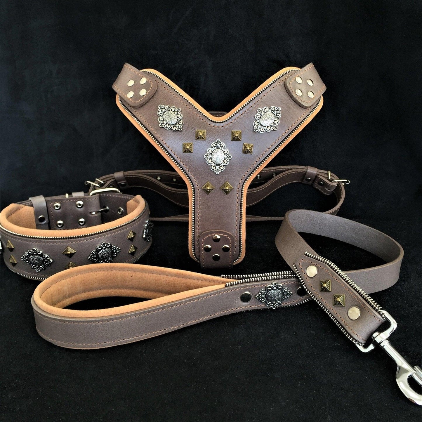 "AZTEC" BIG dog SET - Harness - collar - lead. Grey-0