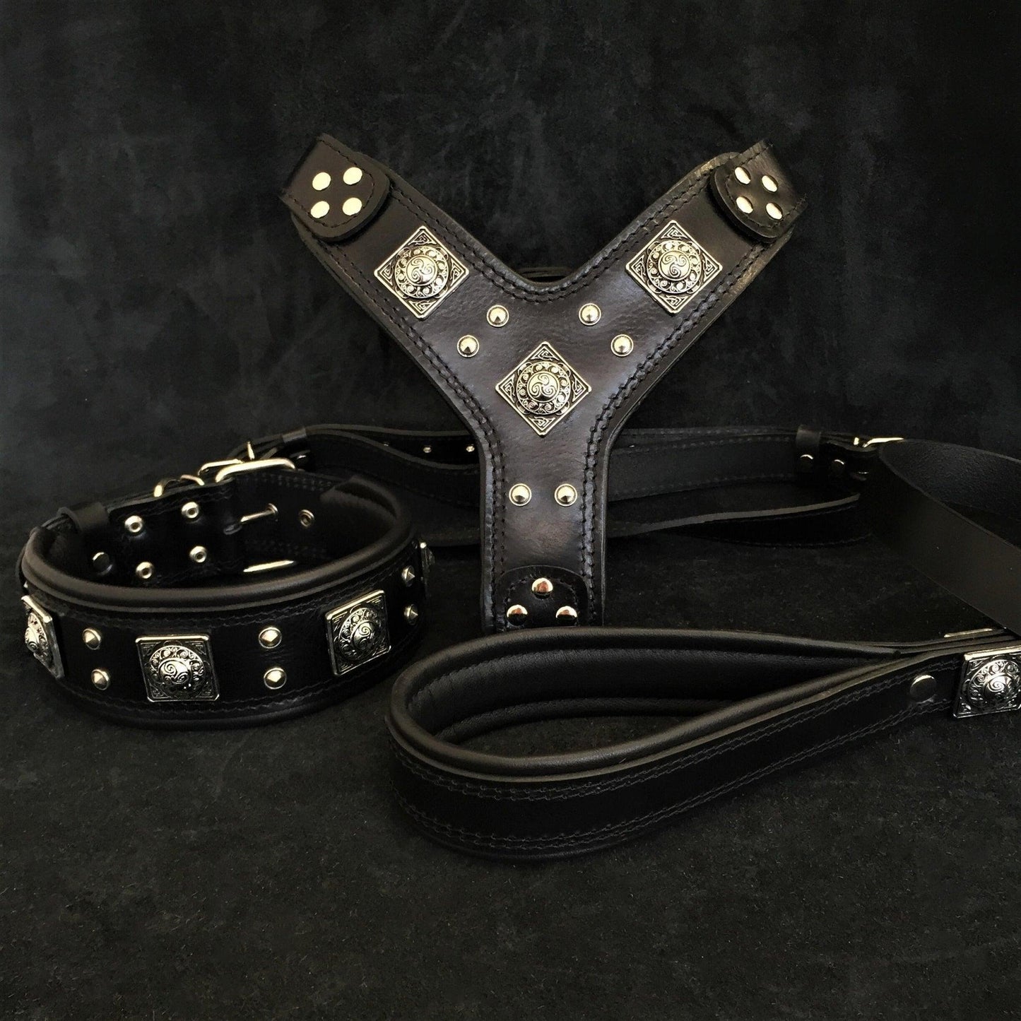 "EROS" BIG dog SET- Harness - collar - lead. All Black-0