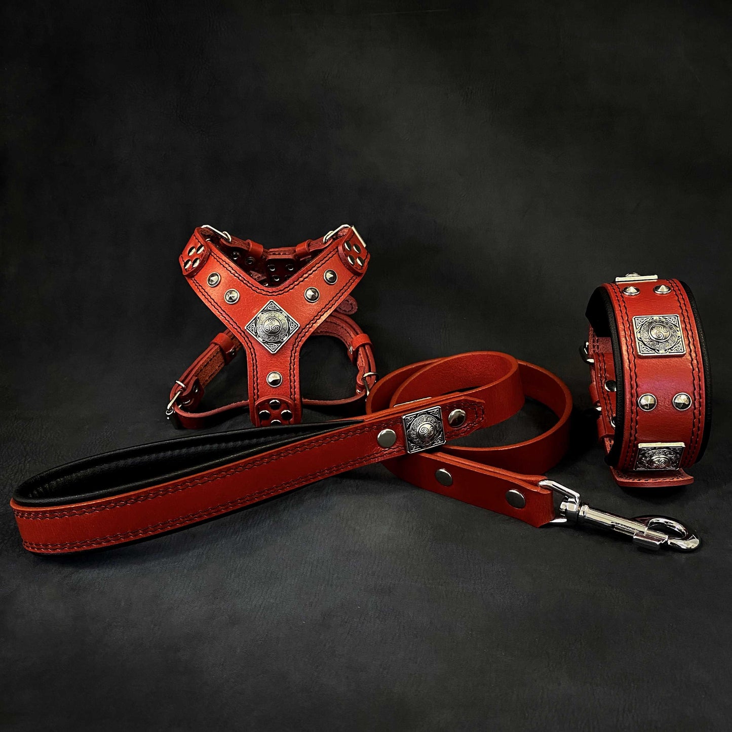 "EROS" Small to Medium dog SET - Harness - collar - lead. Red-0